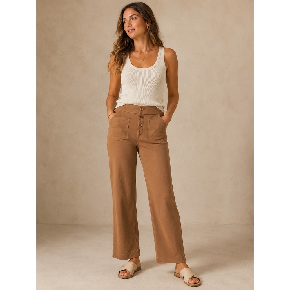 Halara Women Pants M Brown High Waisted Wide Leg Button Front Pockets Stretch